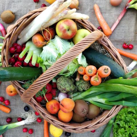 Panier de légumes et de fruits posé sur une toile de jute. Certains légumes débordent du panier ou sont répandus sur la toile.